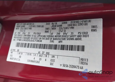 2018 Ford Escape Se из США, поврежденный, VIN 1FMCU9GD5JUC73830